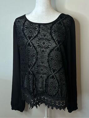 Goth Black Lace-Front Stylish Mesh Blouse Long Sleeve Top- Women’s Essentials